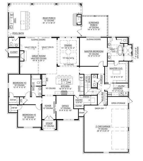 House Plans With Huge Kitchen, House Plan With His And Her Closets, House Plans Not Open Floor Plan, Downsized House Plans, Walk In Shower Floor Plan, Single Story 2500 Sq Ft House Plans, Large Pantry House Plans, House Plans Closed Floor Plan, Floor Plan With Kitchen In Front Of House