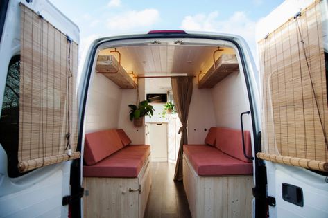 Stunning 2016 Mercedes Sprinter Hand-made conversion. Van Transformation, Van Shelves, Caravan Conversion, Saloon Doors, Copper Taps, Camper Organization, Camping Van, Camping Inspiration, Big Beds