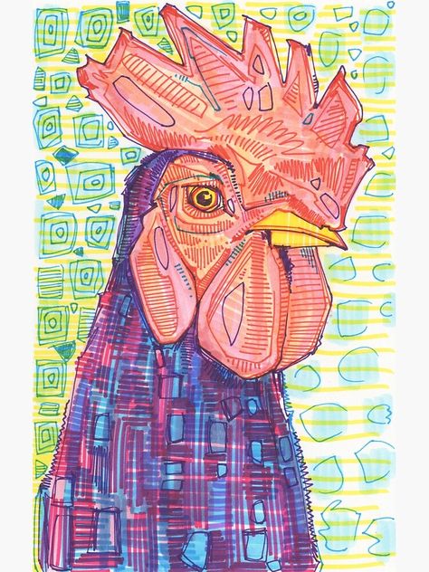 "Rooster Drawing - 2015" Metal Print for Sale by gwennpaints | Redbubble Things To Draw With Highlighters, Gwenn Seemel, Rooster Drawing, Experimental Drawing, 4h Ideas, Artistic Ideas, Posca Art, Sketchbook Drawings, Grunge Art