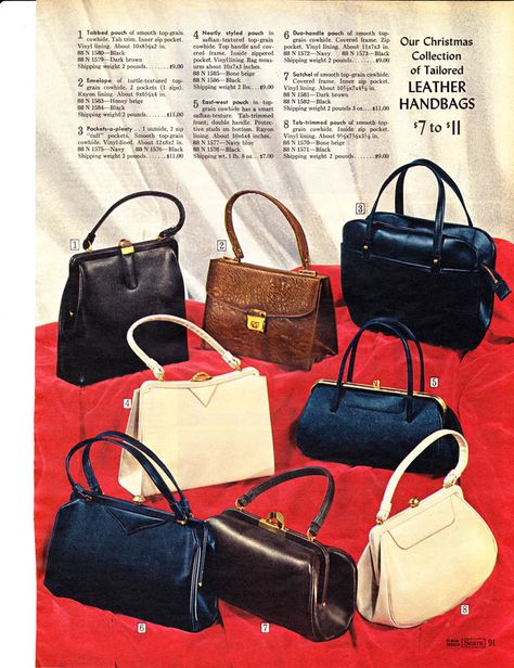 1968 Sears Catalog. Leather Handbags for 'about-town ladies'. 60s Handbags, Bag Catalogue, 60s Purse, Style Names, Purse Trends, Sears Catalog, Bags Online Shopping, Buy Bags, Barrel Bag