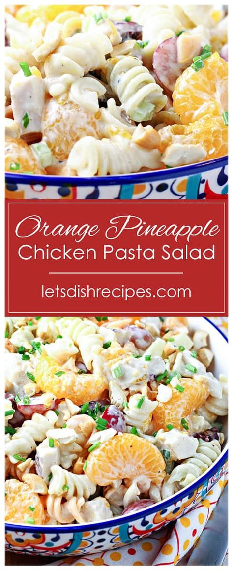 Orange Pineapple Chicken Pasta Salad Recipe -- Rotini pasta is tossed with pineapple, mandarin oranges and tender chicken, then mixed in a slightly sweet and savory dressing in this popular potluck salad. Chicken Mandarin Orange Pasta Salad, Mandarin Orange Pasta Salad, Pineapple Pasta Salad, Chicken Salad With Mandarin Oranges, Mandarin Chicken Pasta Salad, Mandarin Orange Chicken Salad, Rotini Salad, Pineapple Chicken Salad, Curry Pasta Salad