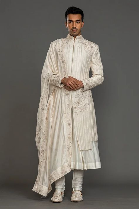 Buy Off-White Resham Embroidered Raw Silk Wedding Sherwani Online | Samyakk Sherwani For Men Wedding, Embroidered Sherwani, Sherwani Groom, Marriage Dress, Sherwani For Men, Wedding Sherwani, Indian Groom, Groom Outfit, Indian Wedding Outfits