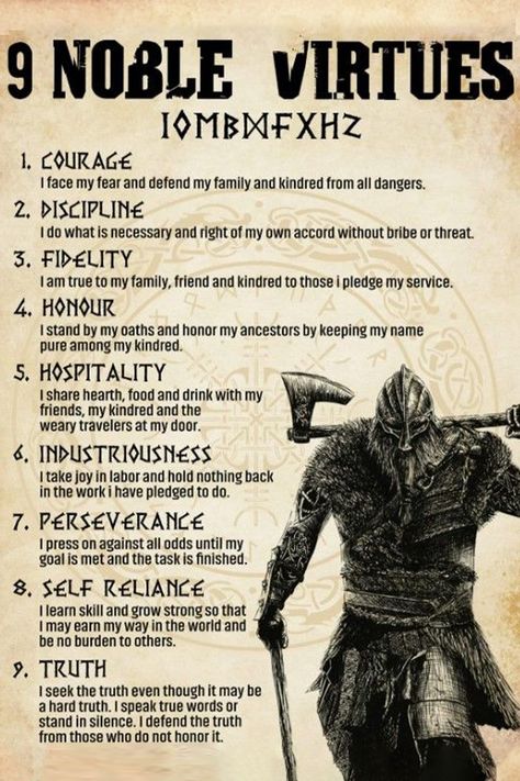 The Nine Noble Virtues of Ásatrú - Myvikinggear.com 9 Noble Virtues, Nine Noble Virtues, Noble Virtues, Rune Magic, Viking Gifts, Viking Quotes, Odin Thor, Norse Symbols, Cool Phrases