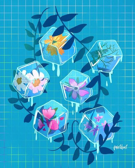 aly jones ✨ on Instagram: "I keep seeing ice cubes and cookies and other various concoctions made with edible flowers tucked inside them and I want them all. Who knew ice could be so aesthetically pleasing?" Ice Cubes Illustration, Ice Cube Illustration, Painting Ice, Ice Illustration, Ice Cube Drawing, Ice Drawing, Flower Ice Cubes, Fruit Illustration, Fire And Ice