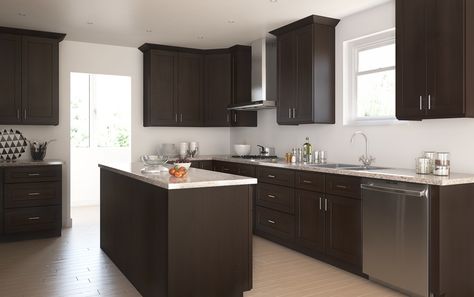 kitchen cabinets - Yahoo Image Search Results Dark Shaker Kitchen, Chocolate Kitchen Cabinets, Chocolate Kitchen, Kitchen Cabinet Style, Walnut Kitchen Cabinets, Small Kitchen Cabinets, Rta Kitchen Cabinets, Refacing Kitchen Cabinets, Shaker Kitchen Cabinets