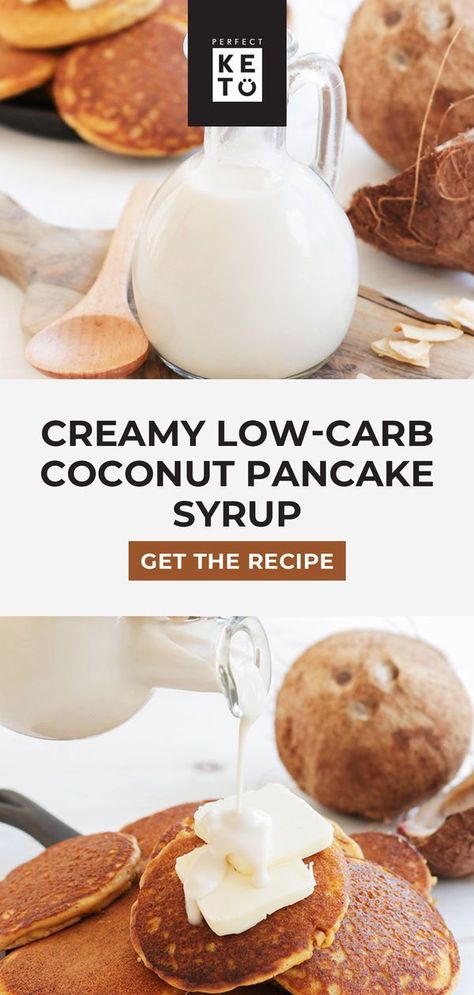 Keto Pancake Syrup Recipe: Pour this coconut pancake syrup on gluten-free coconut pancakes or french toast, and top with macadamia nuts, coconut flakes, and melted butter for a Hawaiian treat the whole family will love. | #keto #KetoLifestyle #WeightLoss #FatLoss #Health #Healthy #HealthyLiving #HealthyLifestyle Coconut Pancake Syrup, Keto Pancake Syrup, Macadamia Nut Pancakes, Pancake Syrup Recipe, Diet Desserts Recipes, Cake Courgette, Coconut Pancakes, Coconut Syrup, Pancake Syrup