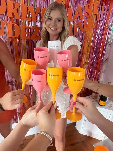 Bachelorette Veuve Theme, Hot Pink And Orange Bachelorette Party, Pink Orange Yellow Bachelorette, Different Bachelorette Party Ideas, Pink And Orange Hens Theme, Veuve Bachelorette Theme, Vueve Before Vows Bachelorette, Pink And Orange Hens Party, Veuve Aesthetic