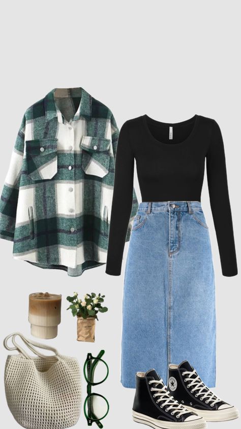 #modestfashion #style #fashion #green #aesthetic #modest #oufit #inspo #winter #fall #skirt #flannel Modest Fall Outfits, Modesty Outfits, Cute Modest Outfits, Everyday Fashion Outfits, Casual Day Outfits, Classy Casual Outfits, Easy Trendy Outfits, Modest Fashion Outfits, Girly Outfits