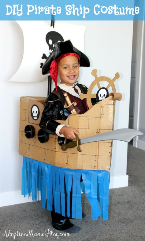 Diy Halloween Pirate Ship, Cardboard Box Boat, Pirate Ship Costume, Halloween Pirate Ship, Cardboard Box Boats, Diy Pirate Costume For Kids, Boys Pirate Costume, Pirate Costume Kids, Pirate Costume Diy