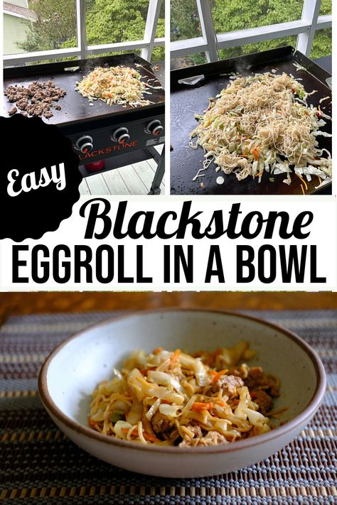 Blackstone Egg Roll in a Bowl - this quick and easy recipe let's you use your favorite griddle to get dinner on the table in a bout 30 minutes.  Very versatile, use your favorite ground meat or poultry, a coleslaw mix and whatever noodles you have on hand! Blackstone Egg Roll In A Bowl, Egg Roll In A Bowl Black Stone, Easy Chicken Stir Fry, Beef Lettuce Wraps, Egg Roll In A Bowl, Easy Meals For Two, Scrumptious Food, Grilled Fruit, Weekend Meals