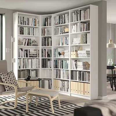 Shelving Units, Bookcases & Pantry Storage - IKEA Ikea Corner Shelving, Ikea Office Standing Shelves, Shelving Office Wall, Tv Corner Wall Unit, Home Library White Shelves, Ikea Billy Bookcase Tall, Bookcase Tv Unit Bookshelves, Bookshelf Inspiration Office, Wall Of Bookcases Living Room