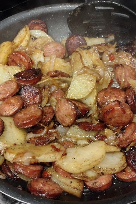 MiMi's Sausage Potatoes and Onions Sausage Potatoes Skillet, Cheese Ranch Potatoes And Sausage, Fried Potatoes And Smoked Sausage, Sausage Potato Onion Skillet, Sausage Potatoes And Sauerkraut, Potatoes Onions And Sausage, Sheet Pan Kielbasa And Potatoes, Potato Sausage Recipes, Sausage And Potatoes In Oven