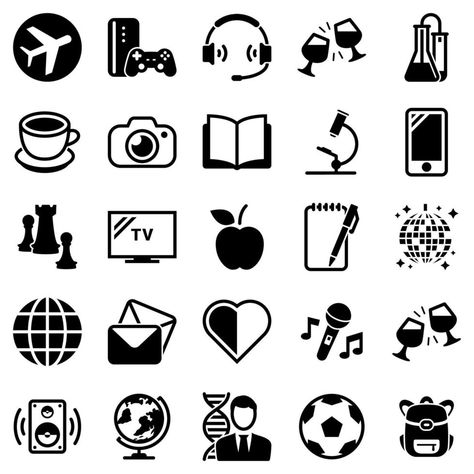 Set of simple icons on a theme Hobbies, entertainment, vector, design, collection, flat, sign, symbol,element, object, illustration. Black icons isolated against white background Hobby Aesthetic, Object Illustration, Life Of Walter Mitty, Bond Paper Design, Entertainment Logo, Flat Design Icons, Element Symbols, Design Basics, Digital Art Beginner