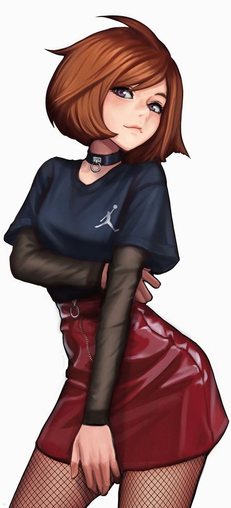 Original work, by Jungon Kim Female Anime Characters, Shirt And Skirt, A Drawing, A Woman, Skirt, Red, Hair, Anime, Black