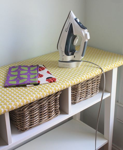 This clever IKEA hack turns the top of a long table into an ironing space, and offers spots for baskets underneath. Ikea Side Table, Ironing Station, Sewing Room Organization, Ideas Para Organizar, Diy Casa, Quilting Room, My Sewing Room, Ironing Board, Sewing Rooms