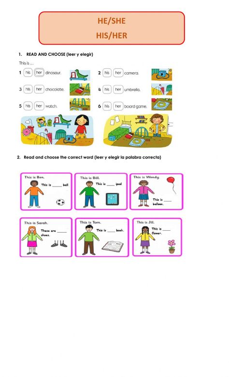 His her he she - Interactive worksheet His Or Her Worksheet, He His She Her Worksheet, I And Me Worksheet, He She Worksheet, His Her Worksheet, He She It Worksheet, Posessive Pronouns, English Excercise, English Liveworksheet