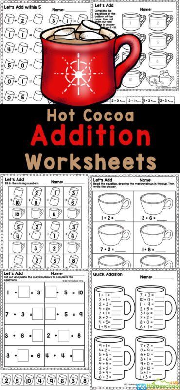 Winter Addition Kindergarten, Winter Addition Worksheets, Christmas Math Worksheets Kindergarten, January Worksheets, January Kindergarten Worksheets, Addition Up To 20, Free Addition Worksheets, Cocoa Marshmallow, Winter Math Worksheets