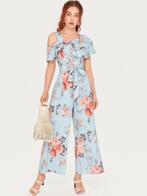 Moda China, Fashion Things, Boho Fabric, Cute Spring Outfits, Floral Sleeve, Floral Jumpsuit, Cute Spring, Wide Leg Jumpsuit, Fashion Clothes