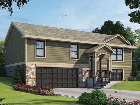 031H-0385: Small Split-Level House Plan; 1150 sf Update Outside Of Split Level House, Brick And Batten Split Level, Exterior Renovation Split Level, Small Split Level House Design, Craftsman Style Split Level Homes, Split Foyer Remodel, Split Level Exterior, Split Level House Plans, Split Foyer