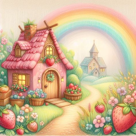 Fairy House Drawing Cottages, Strawberry Room, Fairy House Drawing, Coloured Pictures, Colored Houses, Whimsical Houses, Enchanted Home, Happy House, Krishna Painting