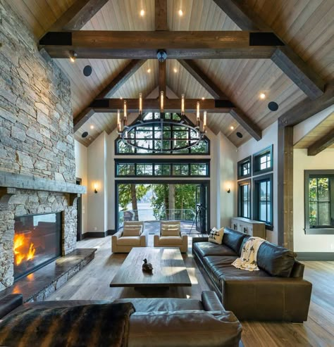 Fireplace Stone Ideas Rustic, Sectional Living Room Fireplace, Great Room With Cathedral Ceiling, 36x60 House Plans, Modern Rustic House Interior, Mountain House Interior Design, Great Room Design, Mountain Home Interiors, Mountain Modern Home