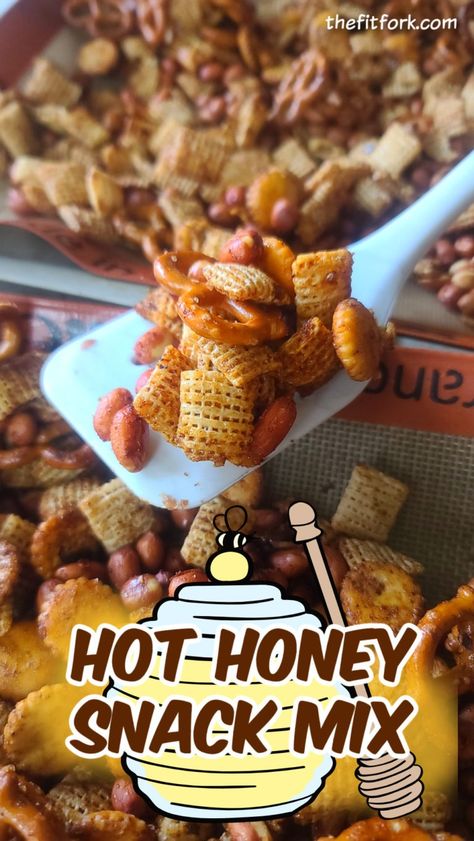 Like Chex Mix, but homemade and super addictive! Whip up a big batch of this salty, spicy-sweet  snacking treat with your favorite pretzels, crackers and nuts. Use gluten-free or seeds, if needed! Hot Honey Snack Mix is 0erfect for parties, lunch boxes, movie night, road trip munching – plus, it’s as economical as it is delicious! Gluten Free Snack Mix Ideas, Sweet And Spicy Snack Mix Recipes, Gluten Free Snack Mix Recipes, Gluten Free Chex Mix Recipes, Gluten Free Snack Mix, Homemade Chex Mix Recipe, Chex Snack Mix, Sweet Chex Mix, Honey Snacks