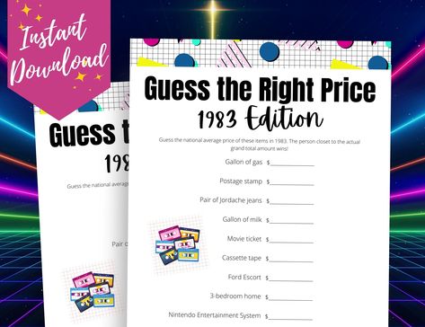 1983 Guess the Right Price Game for 40th Birthday Party, 40th Anniversary, or 40th Class Reunion Activity, 1980s Party Game Idea, 80s Games 1983 Trivia, 80s Party Games, 80s Games, 40th Birthday Games, Christmas Pictionary, Anniversary Party Games, Anniversary Games, Christmas Trivia Games, 40th Anniversary Party