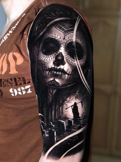 Dark Cover Tattoo, Day Of The Dead Tattoo Men, Day Of The Dead Sleeve Tattoo, Mexican Theme Tattoos, Dia De Los Muertos Tattoo Ideas Men, Dark Tattoo Cover Up Ideas For Men, Santa Muerte Tattoo For Men, Best Cover Up Tattoos For Men, Dark Skull Tattoo Design