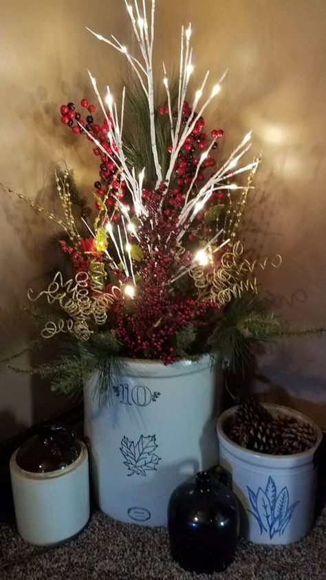 Vintage Crock Christmas Decor, Decorating Crocks For Christmas, Crock Pot Decor Ideas, Crock Christmas Decorating Ideas, Christmas Decor With Candlesticks, Christmas Decor With Crocks, Crock Christmas Decor, Christmas Crock Decorating Ideas, Vintage Crocks Decorating With