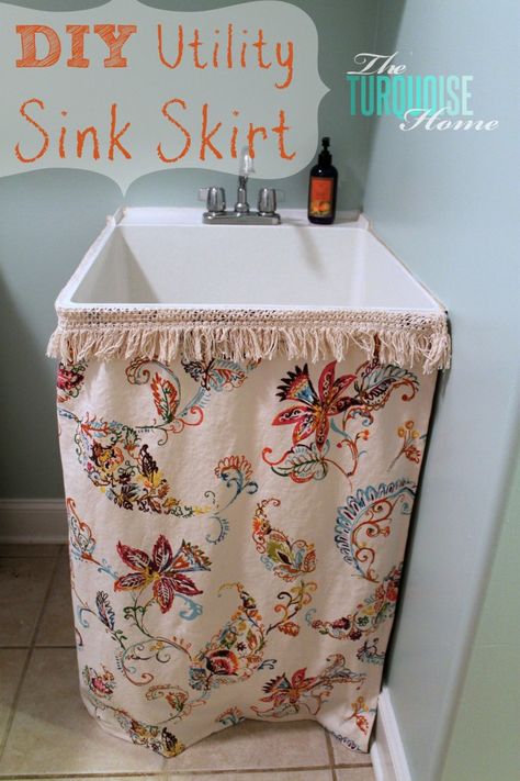 Utility Sink Skirt, Basement Diy, Spoiled Cat, Sink Skirt, Laundry Ideas, Basement Laundry Room, Basement Laundry, Diy Basement, Laundry Tubs