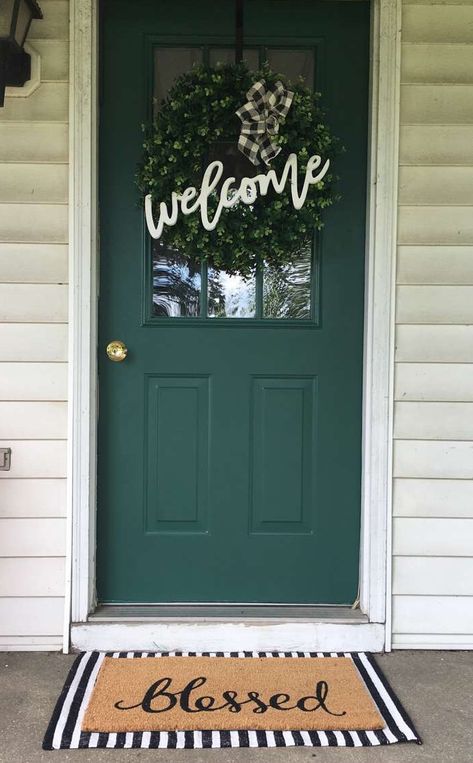 Dark Green Door White House, Forest Green Front Door Exterior Colors, Behr Equilibrium, Front Door Colors Green, Forest Green Front Door, Green Doors Front Entrance, Emerald Green Front Door, Dark Green Front Door, Green Front Door