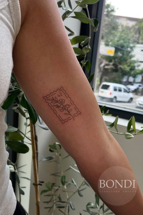 Fineline flower post stamp. Made in Bondi,Sydney Australia. Fine Line Tattoo Australia, Post Stamp Tattoo, Fineline Tattoos, Fine Line Tattoo, Line Tattoo, Summer Books, Next Tattoo, Line Work, Post Stamp