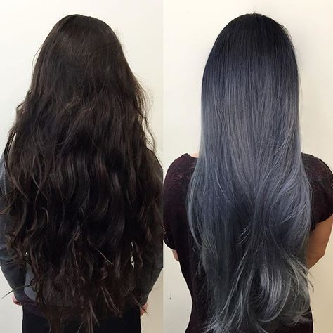 This is my official entry for the @kenraprofessional #guytanghairbattle #metallicobsession I used a mixture of 7sm & 8sm + blue booster over prelightened level 10 to create this charcoal blue/grey. Took a total of 10 hours to achieve. Good Luck  to everyone who entered!!! #kenra #kenracolor Dark Grey Hair Color, Dark Silver Hair, Silver Ombre Hair, Dark Grey Hair, Granny Hair, Hair Color Formulas, Silver Hair Color, Hair Makeover, Ombre Hair Color