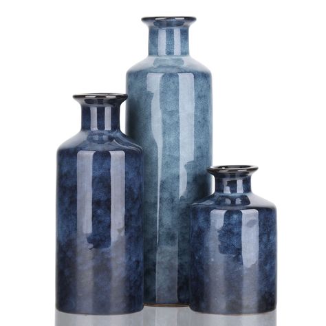 PRICES MAY VARY. Blue Vases For Decor - Showcase Your Style With This Decorative Blue Ceramic Vase Set Of 3. Create A Space In Your Home With Refined Rustic, Yet Elegant And Effortlessly Beautiful Home Décor Pieces, Perfect For All Seasons And Holidays. Blue Ceramic Vases Have A Delicate Texture And Are Easy To Wash Maintenance Free Modern Farmhouse Vases Decor- (Measuring 3"L X 3" W X 10" H; 3"L X 3" W X 7.5"H; 3"L X 3" W X 5"H ) This Decorative Vase Set Can Be Used In Many Different Ways. Blue Blue And Gray Vases, Organic Blue Vase, Blue Marble Vase, Blue Farmhouse Vase, Dusty Blue Glass Vase, Cobalt Vases, Farmhouse Vases Decor, Farmhouse Vases, Farmhouse Mantle