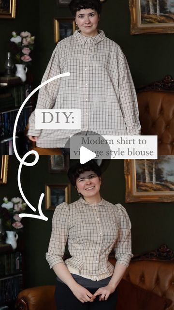 Tally Sharples on Instagram: "Let’s turn a modern shirt to a vintage style blouse. I’m using my trusted blouse pattern for this (Etsy, VintagePatternsSewingBI: Vintage 1930’s vintage sewing pattern: WWII Women’s suit) with the sleeve coming from the Sophie Hatter costume pattern I like to use (Etsy, FashionPatternStudio: Victorian Inspired daily dress). I was able to reuse the button front and the sleeves, so this entire process took me less than two hours ✨" Edwardian Blouse Pattern Free, Victorian Blouse Pattern, Victorian Sewing Patterns, Edwardian Blouse Pattern, Blouse Pattern Free, Sophie Hatter, Sparrow Refashion, Wwii Women, Hatter Costume