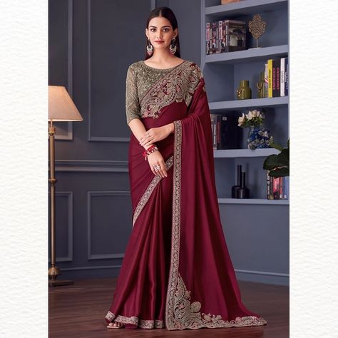 Wedding Festive Style Embroidered Designer Saree | Available Now The elegant saree features intricate sequins and thread work, adding a touch of glamour. Comes with a matching embroidered blouse, perfect for any traditional occasion like Diwali, weddings, or festivals. 💰 – $69.99/- USD – Unstitched 🔍 Product Code – “TFH3000” 🛍️ Shop Now – https://www.empress-clothing.com [ Empress Clothing, Saree, Sarees, Saree Online, Indian Designer Sarees, Traditional Sarees, Wedding Saree, Festive Sa... Maroon Colour Saree, Saree Satin, Sari For Women, Shimmer Saree, Satin Silk Saree, Maroon Colour, Banarasi Brocade, Bridesmaid Saree, Simple Sarees