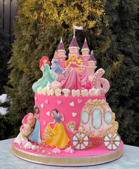 Princes Cakes Ideas, Disney Princess Theme Cake, Disney Princess Cake Design, Princess Tarta Cake, Princess Cakes Ideas Girl Birthday, Disney Princess Flower Centerpieces, Aurora Birthday Cake, Disney Princess Birthday Party Cake, Princess Birthday Cakes