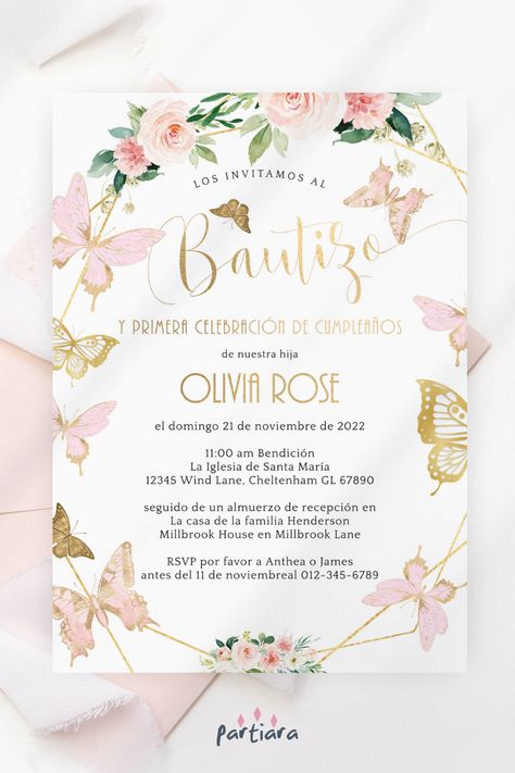 Self-editable 5x7" invite - follow the link for details and free demo! ♦ Easily edit online in your browser then download and print or send digitally ♦ An elegant floral pink, green, and gold butterfly invitation for a joint first birthday and baptism in Spanish – perfect for a spring or summer garden party celebration ♦ #girlbaptism #girlbaptismideas #bautizodeninas #butterflybaptism #birthdaybaptism #spanishbaptism #editableinvitation #printableinvite 1st Birthday And Baptism Ideas Girl, Baptism And Birthday Party Combined, Green And Gold Butterfly, Butterfly Spanish, Butterfly Invitation, Baptism Invitations Girl, Pretty Invitations, Butterfly Invitations, Christening Ideas