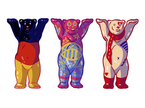 Berlin United Buddy Bears illustration by nastya tuleneva on Dribbble Berlin Bear Tattoo, Berlin Illustration, Bears Illustration, Beer Illustration, Bear Tattoo, Bear Illustration, Inspiring Art, Beach Theme Wedding, Bear Art