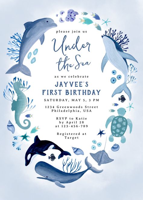 Under the Sea Blue Boy First Birthday Invitation Deep Sea Ocean, Ocean Theme Birthday, Ocean Birthday Party, Ocean Birthday, 1st Birthday Themes, Ocean Party, Sea Birthday Party, First Birthday Themes, Theme Birthday Party