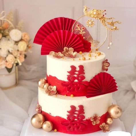 Chinese New Year Cake Design, Wedding Cake Chinese, Chinese Wedding Cake, Mulan Cake, Chinese Decorations, Asian Cakes, Chinese New Year Cake, Bolu Cake, Chinese Cake