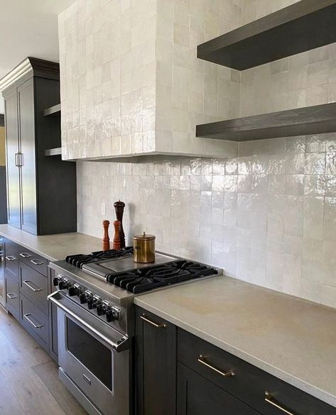 Tiled Oven Hood, Tiled Stove Hood, Zellige Tile Kitchen Dark Cabinets, Tiled Extractor Hood, Tiled Hood Kitchen, Zellige Splashback, Tile Hood, Zellige Kitchen, Tiles Of Ezra