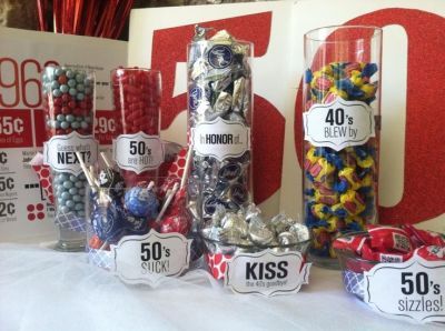 Candy buffet for 50th birthday party decorations.  See more decorations and 50th birthday party ideas at www.one-stop-party-ideas.com Candy Bar Ideas 40th Birthday, 50 Blows Ideas, Kiss Your 60's Goodbye, 50th Birthday Candy Bar Ideas, Kissing My 40s Goodbye Party Ideas, Kiss Your 40s Goodbye, 50th Birthday Favors Ideas, 50th Birthday Celebration Ideas, 50 Party