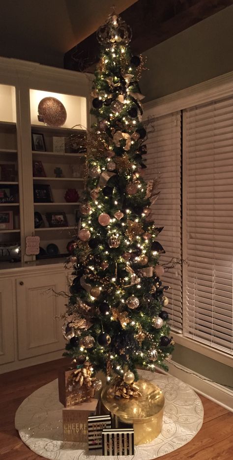 Slim Gold Christmas Tree, Glam Slim Christmas Tree, Slim Christmas Trees Decorated, 9’ Pencil Tree, Slim Christmas Tree Ideas Decorating, Black Champaine White Chriamst Tree, Slim Xmas Tree, 7.5 Ft Christmas Tree Slim, Slim Tree