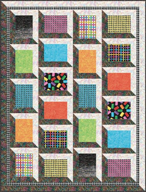 *free* pattern:  "Shadow Box" by Stitched Together Studio for Benartex Shadow Quilts, Illusion Quilts, Window Quilts, Attic Window Quilts, Attic Windows, Optical Illusion Quilts, Attic Window, I Spy Quilt, Shirt Quilts