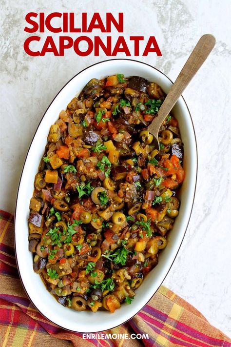 #AD This Sicilian Caponata is a cousin of the ratatouille. It's the perfect antipasto but it can also be served as part of a cold pasta salad, or over warm noodles. With a piece of rustic bread it is delicious and even better to pair with fish. Visit my blog for the step-by-step recipe #byenrilemoine Capanota Recipe, Sicilian Caponata Recipe, Sicilian Caponata, Vacation Dinners, Caponata Recipe, Antipasto Recipes, Mediterranean Appetizers, Italian Antipasto, Cold Pasta Salad