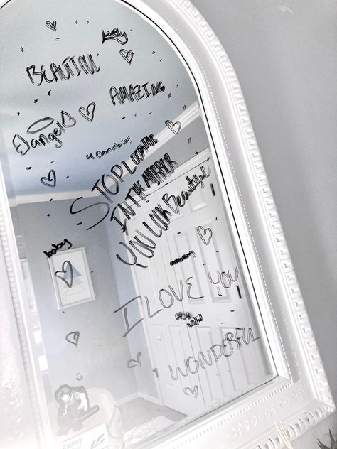 i’m trying to boost my confidence so i wrote the things i like about myself :,) Things To Write On Mirrors, White Mirror Aesthetic, Writing On Mirror Aesthetic, Mirror White Writing, Affirmations To Write On Your Mirror, Afirmations On Mirror Aesthetic, Holiday Guide, White Board, Mirror