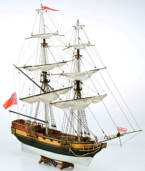 HMS Vailant was a double mast Brigantine equipped by twelve cannons. It was a part of a small fleet operating in the northern American coast to oppose French and Spanish shipping courses towards Europe. Wooden Model Boat Kits, Water Vehicles, Pirate Ship Model, Model Boats Building, Freetime Activities, Sailing Ship Model, Wooden Model Boats, Model Ship Kits, Scale Model Ships