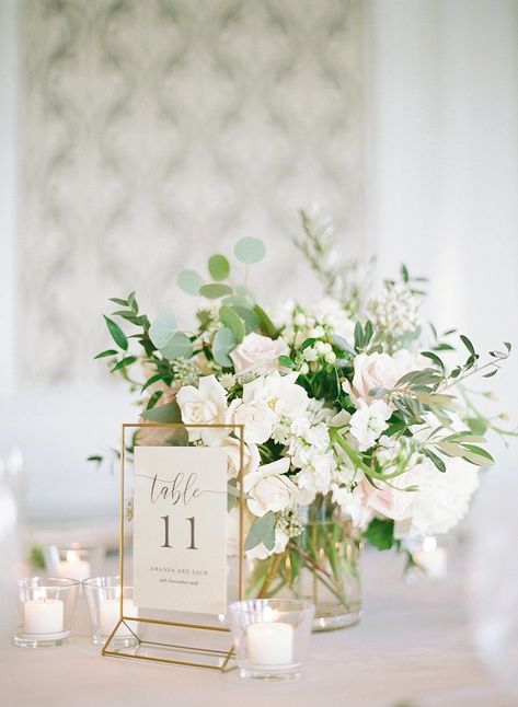 INSTAGRAM Formal Modern Classic Wedding Reception Decor, Gold Table Number Sign, White and Blush Pink Roses, Eucalyptus, and Greenery Floral Centerpiece Table Decor Wedding Reception, Greenery Wedding Centerpieces, Wedding Reception Details, Flowers And Candles, Green Wedding Inspiration, Table Decor Wedding, Wedding Reception Table Decorations, Rustic Wedding Decorations, Reception Details