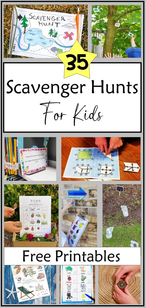 The image shows ten images of various scavenger hunts.  From a pirate type map, to outdoor hunts in trees to printable lists and puzzles, the images show both hands on scavenger hunts and printable pages. Preschool Treasure Hunt, Scavenger Hunt Ideas For Kids Indoor, Easy Scavenger Hunt For Kids, Treasure Hunt Clues For Kids Outdoor, Outdoor Scavenger Hunt Ideas For Kids, Treasure Hunt Games For Kids, Scavenger Hunt Ideas For Kids Outdoor, Diy Treasure Hunt, Adventure Activities For Kids